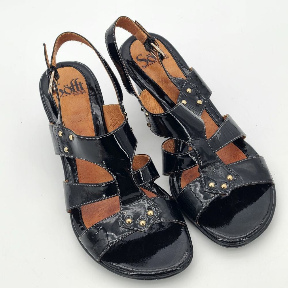 Sofft Patent Leather Wedge Studded Sandals Comfort Moto Women's Size 7